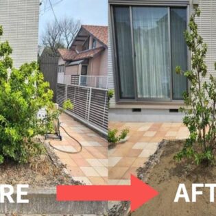 剪定前後の比較画像：植栽スペースをはみ出るほど伸びた枝をすっきりと整えた事例（栃木県佐野市）