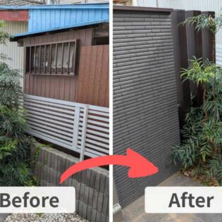 左は剪定前、埼玉県加須市の住宅玄関で枝葉が密集し圧迫感のあるマホニア・コンフューサ。右は剪定後、すっきりと整えられ明るい印象になった様子。