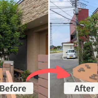 左は剪定前、埼玉県春日部市の住宅で枝葉が密集し玄関脇に圧迫感を与えるシマトネリコ。右は剪定後、風通しの良い自然な樹形に整えられ、明るい印象になった様子。
